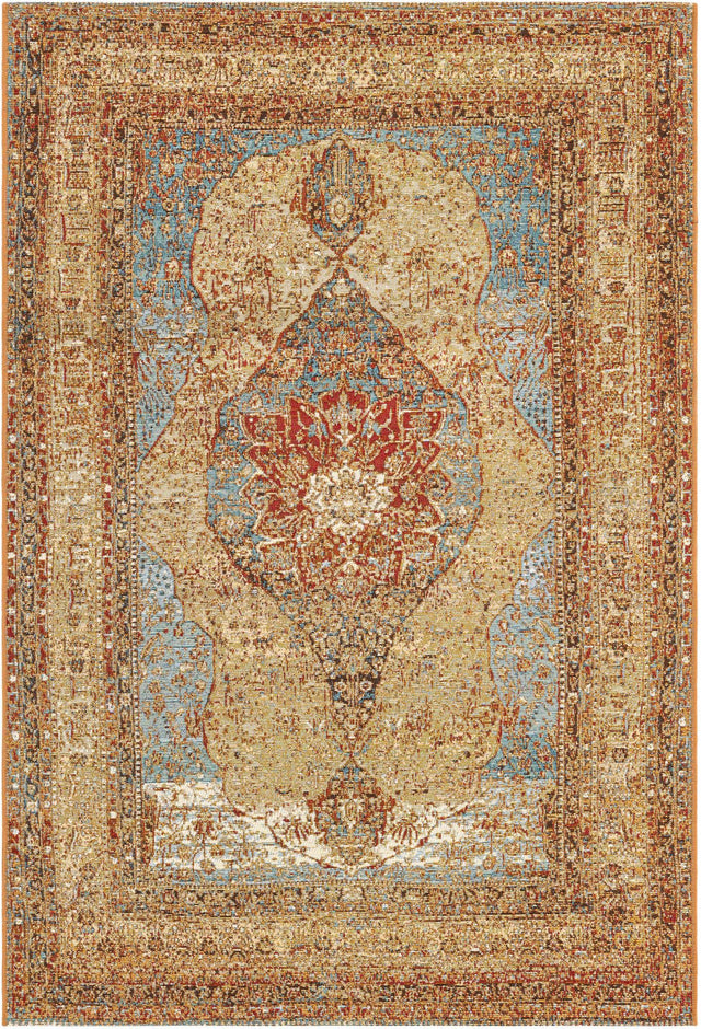 Blue and Light Brown 4' 1 x 6' 1 Outdoor Traditional Rectangle Area Rug Weather Resistant for Patio, Deck, Terrace, Balcony, Porch Classical Design Outside Carpet for Sale at Rug Engine