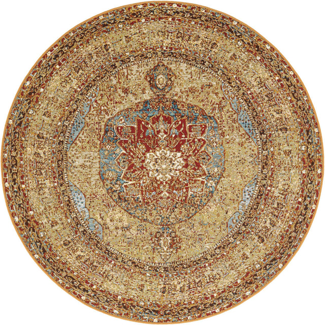 Blue and Light Brown 5' 3 x 5' 3 Outdoor Traditional Round Area Rug Weather Resistant for Patio, Deck, Terrace, Balcony, Porch Classical Design Outside Carpet for Sale at Rug Engine