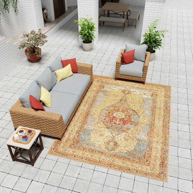 Blue and Light Brown 2' x 3' 1 Outdoor Traditional Rectangle Area Rug Weather Resistant for Patio, Deck, Terrace, Balcony, Porch Classical Design Outside Carpet for Sale at Rug Engine