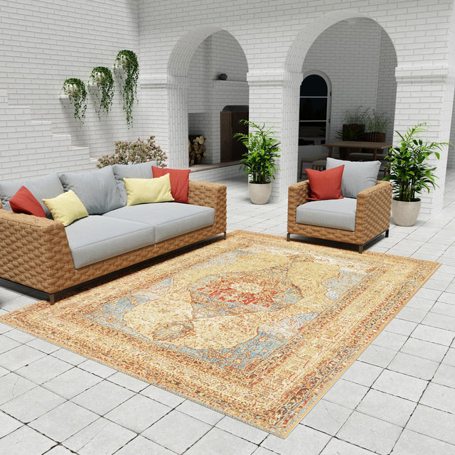Blue and Light Brown 4' 1 x 6' 1 Outdoor Traditional Rectangle Area Rug Weather Resistant for Patio, Deck, Terrace, Balcony, Porch Classical Design Outside Carpet for Sale at Rug Engine