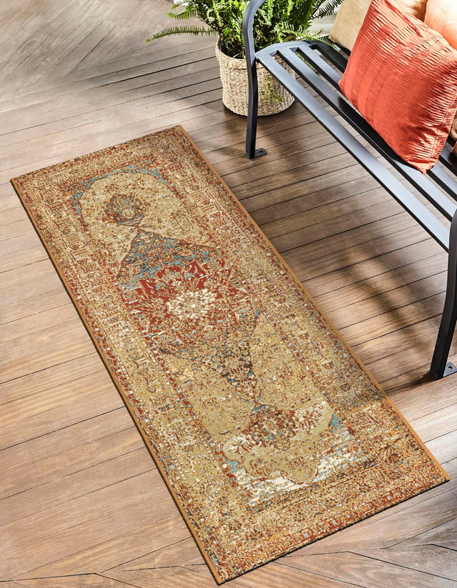 Blue and Light Brown 2' 7 x 10' Outdoor Traditional Runner Area Rug Weather Resistant for Patio, Deck, Terrace, Balcony, Porch Classical Design Outside Carpet for Sale at Rug Engine