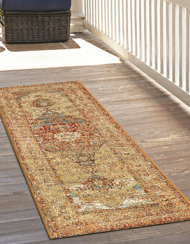 Blue and Light Brown 2' 7 x 10' Outdoor Traditional Runner Area Rug Weather Resistant for Patio, Deck, Terrace, Balcony, Porch Classical Design Outside Carpet for Sale at Rug Engine