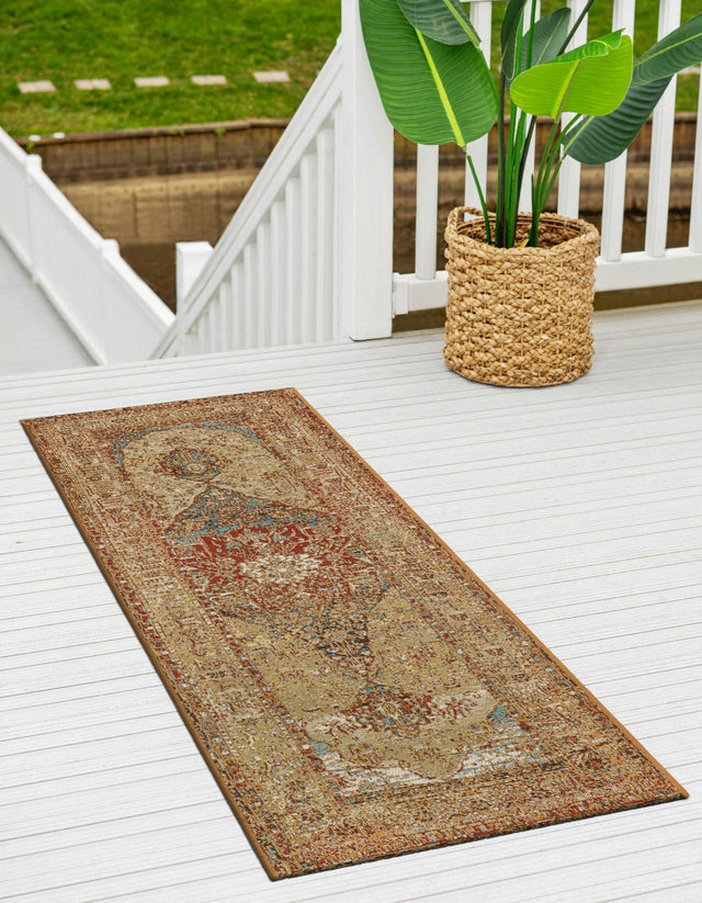 Blue and Light Brown 2' 7 x 10' Outdoor Traditional Runner Area Rug Weather Resistant for Patio, Deck, Terrace, Balcony, Porch Classical Design Outside Carpet for Sale at Rug Engine