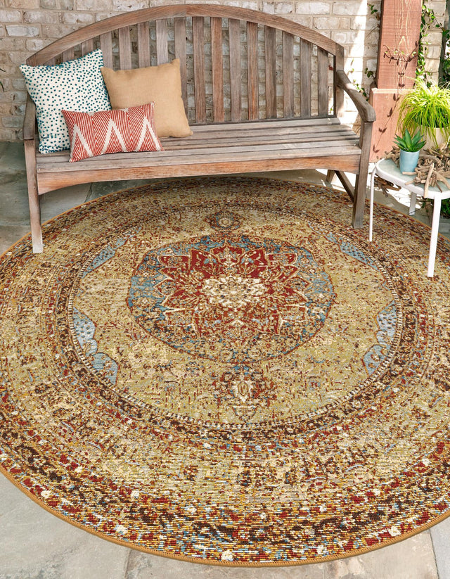Blue and Light Brown 5' 3 x 5' 3 Outdoor Traditional Round Area Rug Weather Resistant for Patio, Deck, Terrace, Balcony, Porch Classical Design Outside Carpet for Sale at Rug Engine