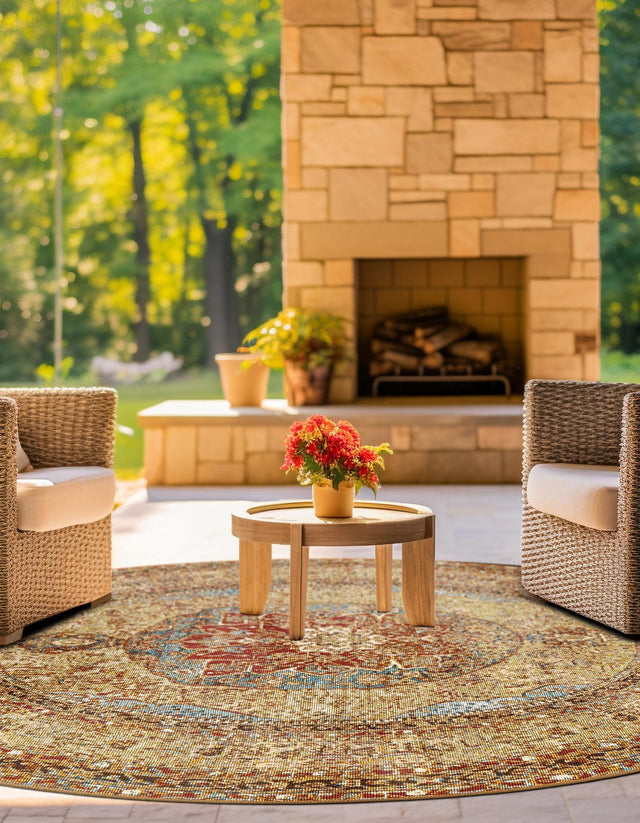 Blue and Light Brown 10' x 10' Outdoor Traditional Round Area Rug Weather Resistant for Patio, Deck, Terrace, Balcony, Porch Classical Design Outside Carpet for Sale at Rug Engine