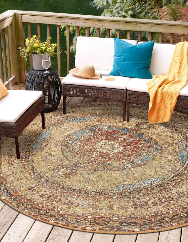 Blue and Light Brown 10' x 10' Outdoor Traditional Round Area Rug Weather Resistant for Patio, Deck, Terrace, Balcony, Porch Classical Design Outside Carpet for Sale at Rug Engine