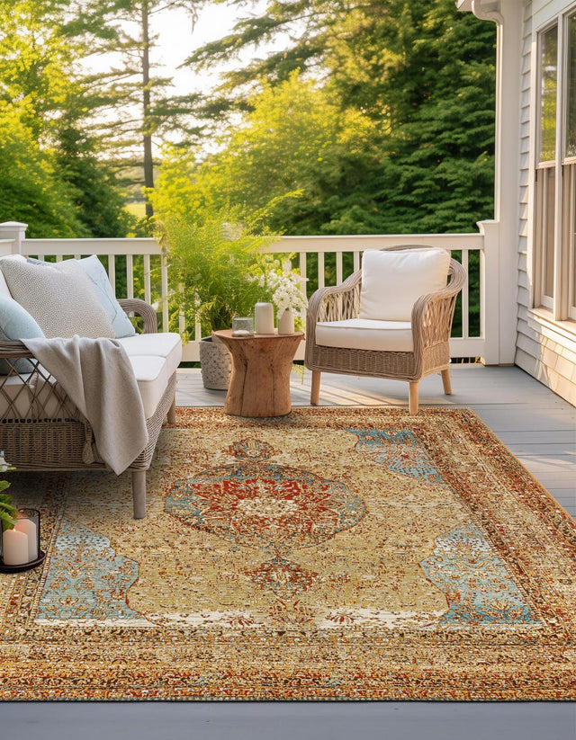 Blue and Light Brown 7' 10 x 7' 10 Outdoor Traditional Square Area Rug Weather Resistant for Patio, Deck, Terrace, Balcony, Porch Classical Design Outside Carpet for Sale at Rug Engine