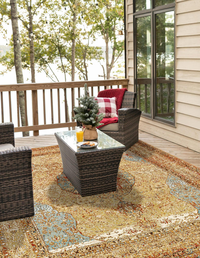 Blue and Light Brown 7' 10 x 7' 10 Outdoor Traditional Square Area Rug Weather Resistant for Patio, Deck, Terrace, Balcony, Porch Classical Design Outside Carpet for Sale at Rug Engine