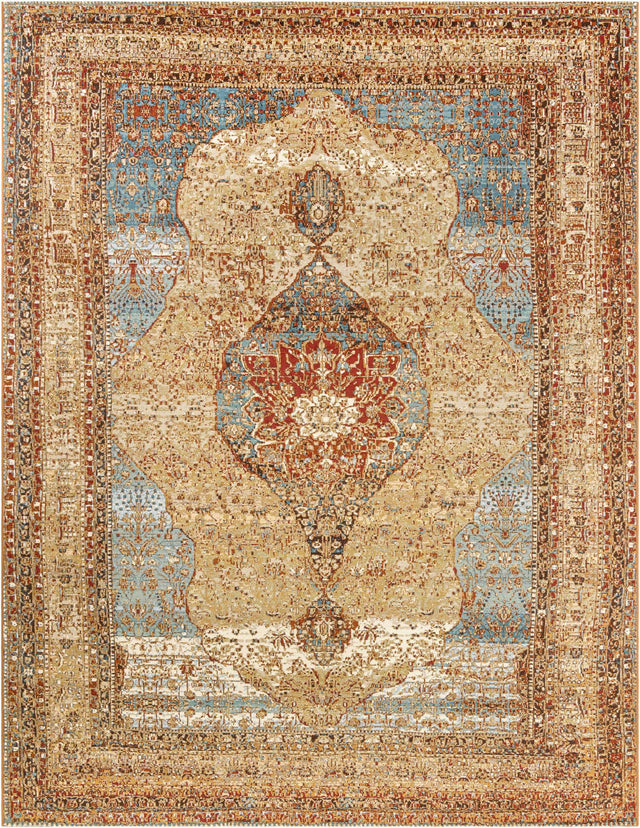 Blue and Light Brown 9' x 12' Outdoor Traditional Rectangle Area Rug Weather Resistant for Patio, Deck, Terrace, Balcony, Porch Classical Design Outside Carpet for Sale at Rug Engine