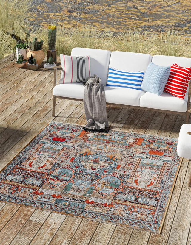 Multicolor 7' 10 x 7' 10 Outdoor Traditional Square Area Rug Weather Resistant for Patio, Deck, Terrace, Balcony, Porch Classical Design Outside Carpet for Sale at Rug Engine