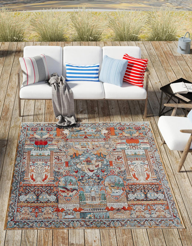 Multicolor 7' 10 x 7' 10 Outdoor Traditional Square Area Rug Weather Resistant for Patio, Deck, Terrace, Balcony, Porch Classical Design Outside Carpet for Sale at Rug Engine