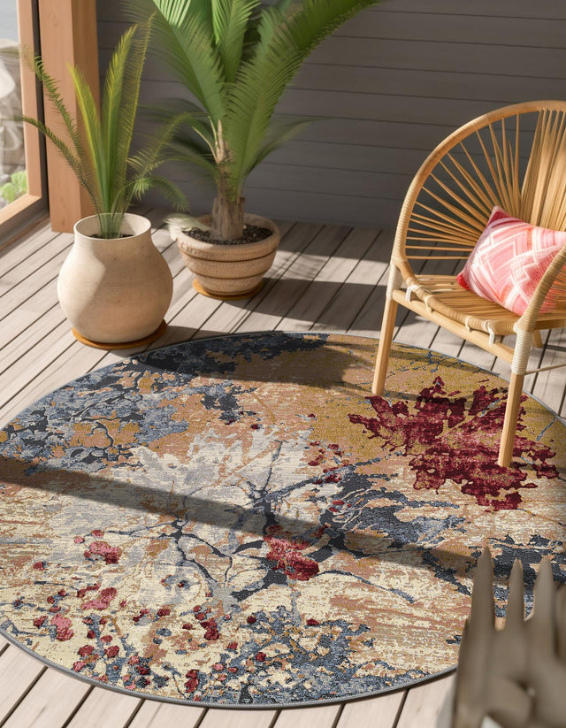 Multicolor 10' x 10' Outdoor Modern Round Area Rug Weather Resistant for Patio, Deck, Terrace, Balcony, Porch