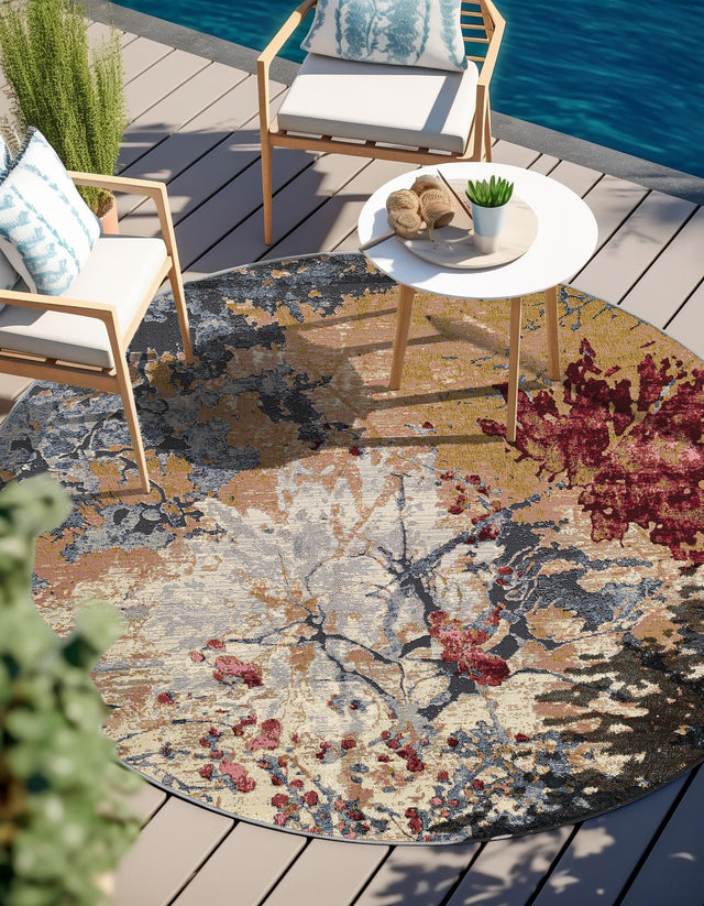 Multicolor 10' x 10' Outdoor Modern Round Area Rug Weather Resistant for Patio, Deck, Terrace, Balcony, Porch