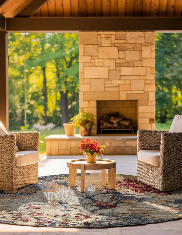 Multicolor 10' x 10' Outdoor Modern Round Area Rug Weather Resistant for Patio, Deck, Terrace, Balcony, Porch