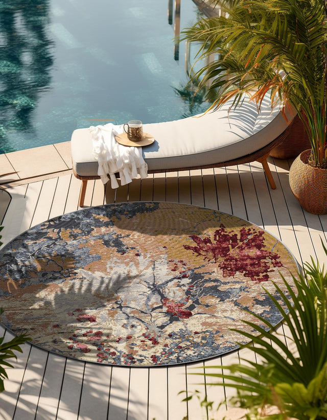 Multicolor 10' x 10' Outdoor Modern Round Area Rug Weather Resistant for Patio, Deck, Terrace, Balcony, Porch