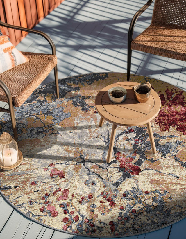 Multicolor 10' x 10' Outdoor Modern Round Area Rug Weather Resistant for Patio, Deck, Terrace, Balcony, Porch
