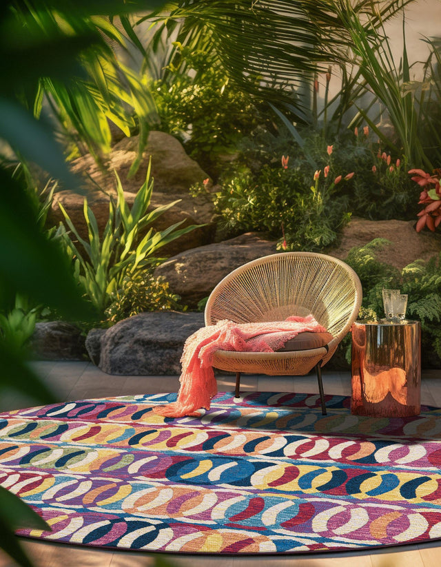 Multicolor 3' 3 x 3' 3 Outdoor Modern Round Area Rug Weather Resistant for Patio, Deck, Terrace, Balcony, Porch 100% Polypropylene Modern Outside Carpet for Sale at Rug Engine