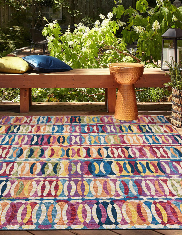 Multicolor 7' 10 x 7' 10 Outdoor Modern Square Area Rug Weather Resistant for Patio, Deck, Terrace, Balcony, Porch 100% Polypropylene Modern Outside Carpet for Sale at Rug Engine