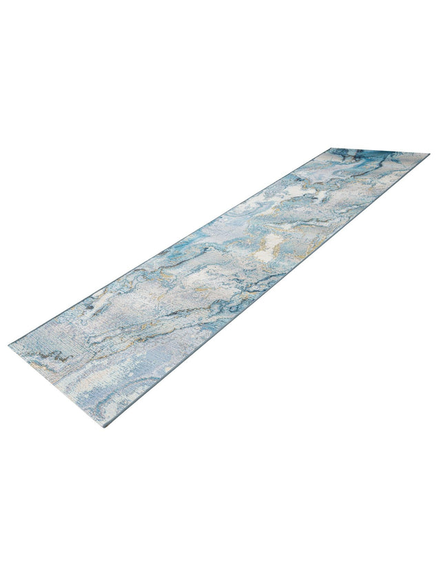 Blue and Ivory 2' 7 x 10' Outdoor Modern Runner Area Rug Weather Resistant for Patio, Deck, Terrace, Balcony, Porch 100% Polypropylene Modern Outside Carpet for Sale at Rug Engine