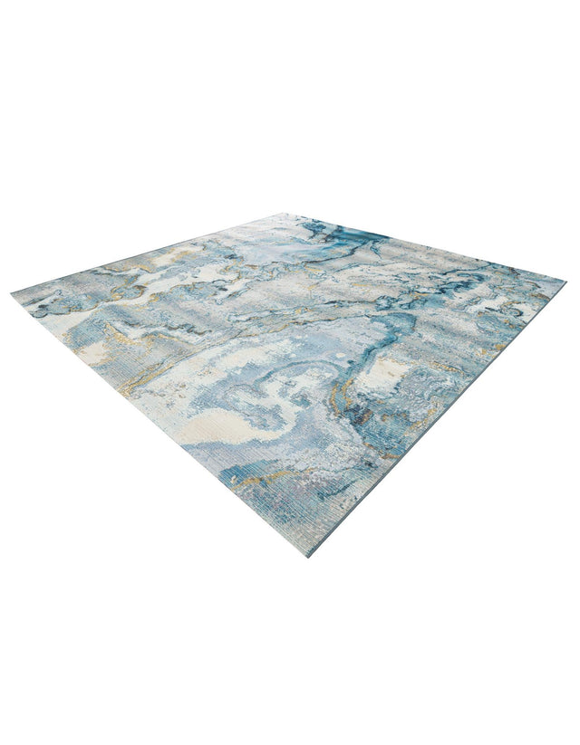 Blue and Ivory 10' x 10' Outdoor Modern Square Area Rug Weather Resistant for Patio, Deck, Terrace, Balcony, Porch 100% Polypropylene Modern Outside Carpet for Sale at Rug Engine