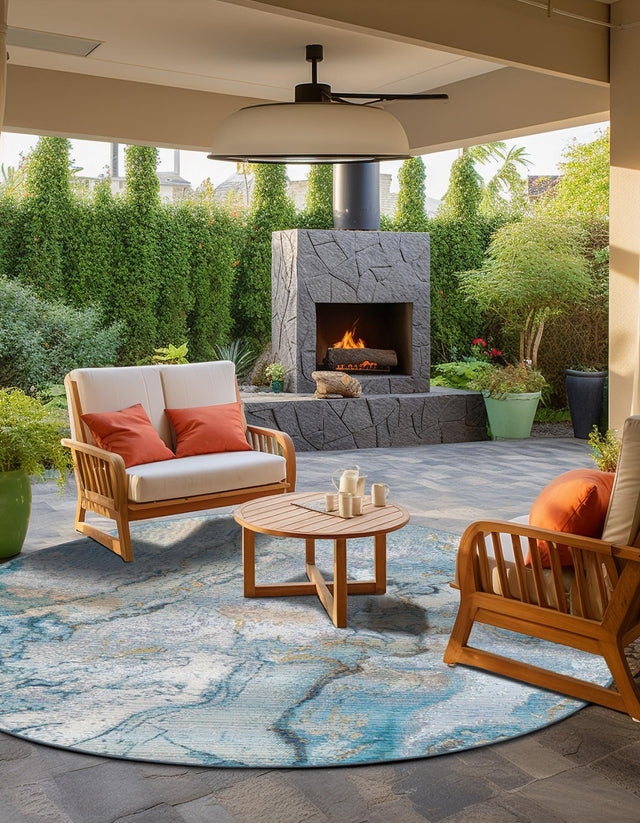 Blue and Ivory 5' 3 x 5' 3 Outdoor Modern Round Area Rug Weather Resistant for Patio, Deck, Terrace, Balcony, Porch 100% Polypropylene Modern Outside Carpet for Sale at Rug Engine