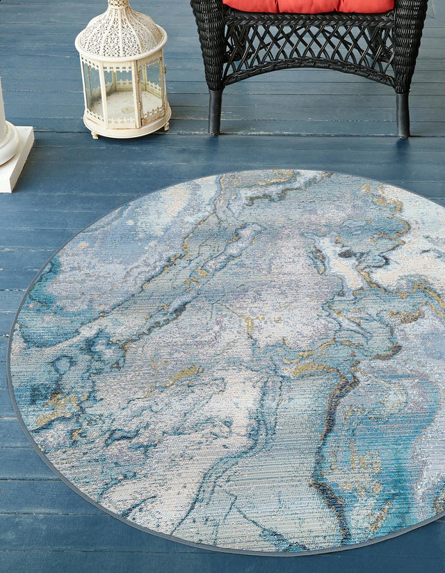 Blue and Ivory 4' 1 x 4' 1 Outdoor Modern Round Area Rug Weather Resistant for Patio, Deck, Terrace, Balcony, Porch 100% Polypropylene Modern Outside Carpet for Sale at Rug Engine