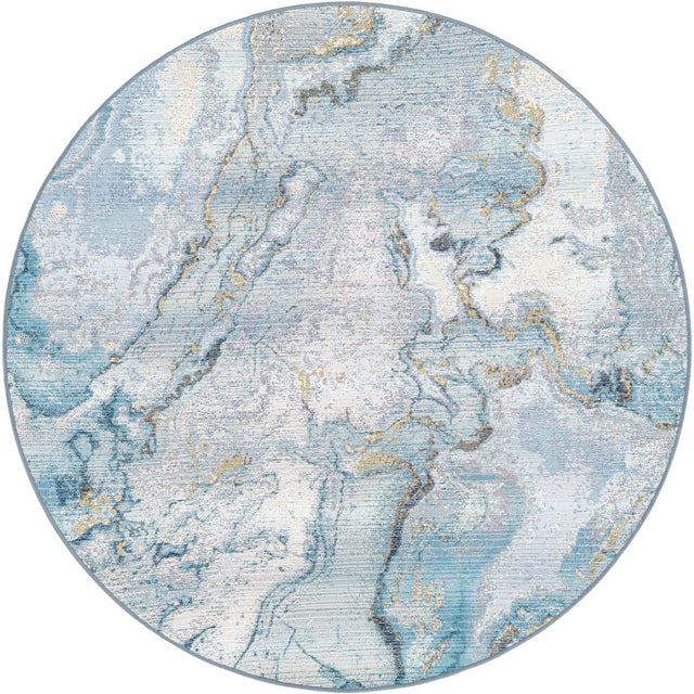 Blue and Ivory 5' 3 x 5' 3 Outdoor Modern Round Area Rug Weather Resistant for Patio, Deck, Terrace, Balcony, Porch 100% Polypropylene Modern Outside Carpet for Sale at Rug Engine