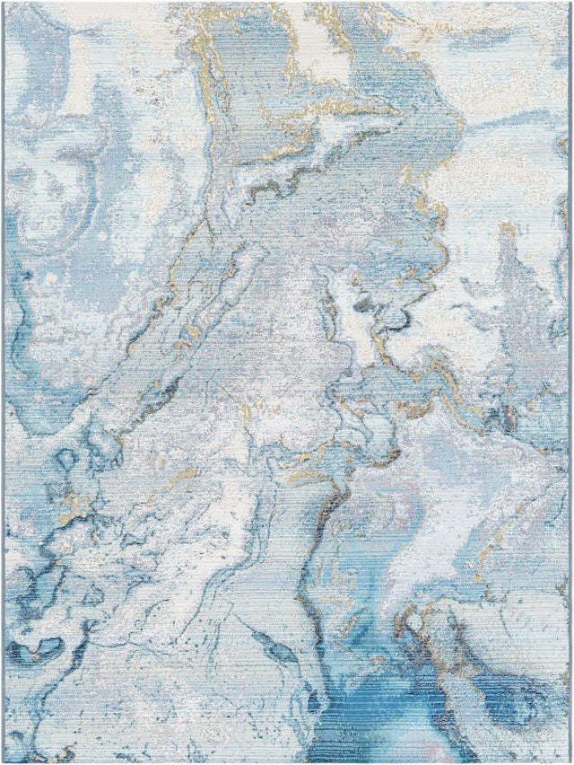 Blue and Ivory 5' 3 x 7' 1 Outdoor Modern Rectangle Area Rug Weather Resistant for Patio, Deck, Terrace, Balcony, Porch 100% Polypropylene Modern Outside Carpet for Sale at Rug Engine