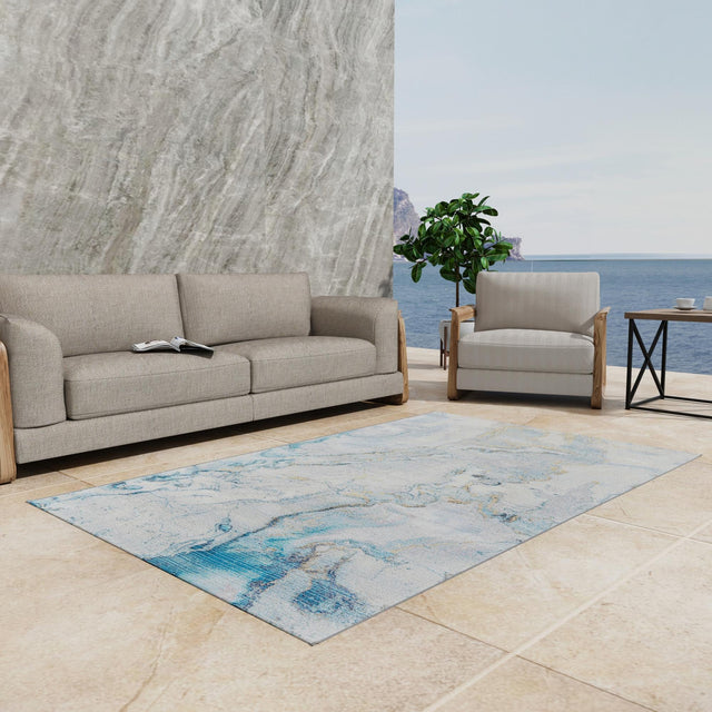 Blue and Ivory 5' 3 x 8' Outdoor Modern Rectangle Area Rug Weather Resistant for Patio, Deck, Terrace, Balcony, Porch 100% Polypropylene Modern Outside Carpet for Sale at Rug Engine
