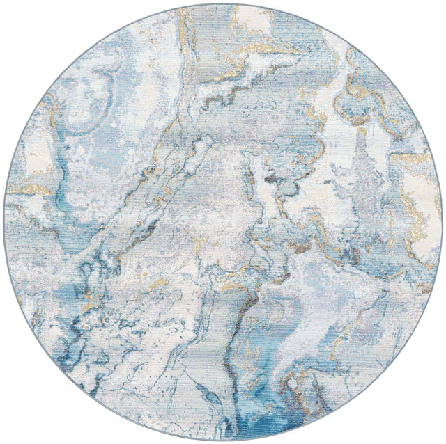 Blue and Ivory 7' 10 x 7' 10 Outdoor Modern Round Area Rug Weather Resistant for Patio, Deck, Terrace, Balcony, Porch 100% Polypropylene Modern Outside Carpet for Sale at Rug Engine