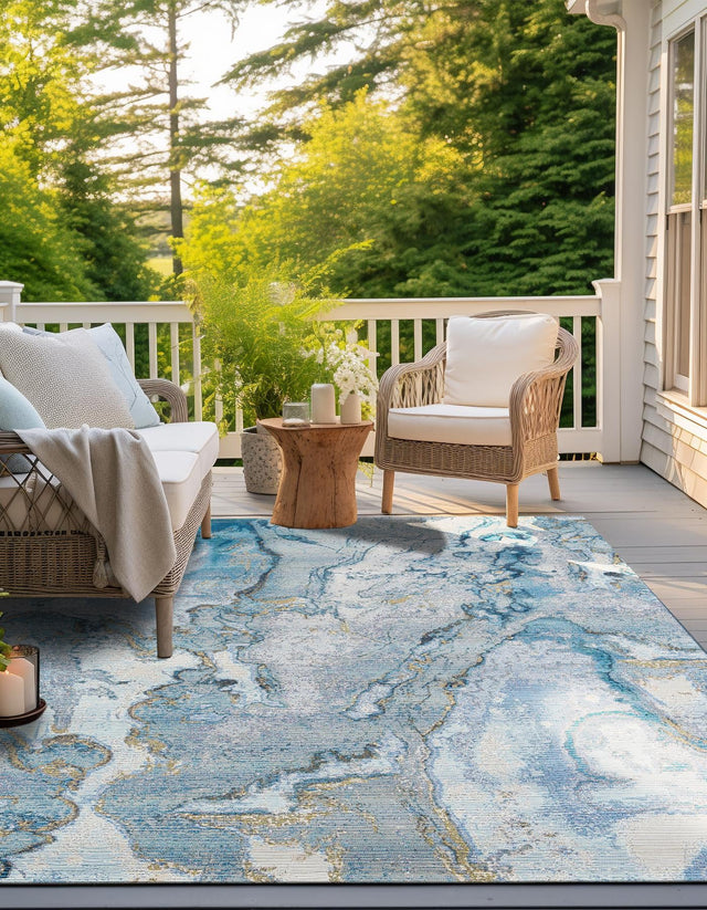 Blue and Ivory 10' x 10' Outdoor Modern Square Area Rug Weather Resistant for Patio, Deck, Terrace, Balcony, Porch 100% Polypropylene Modern Outside Carpet for Sale at Rug Engine