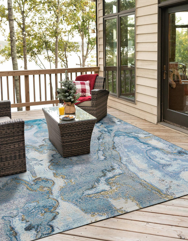 Blue and Ivory 10' x 10' Outdoor Modern Square Area Rug Weather Resistant for Patio, Deck, Terrace, Balcony, Porch 100% Polypropylene Modern Outside Carpet for Sale at Rug Engine