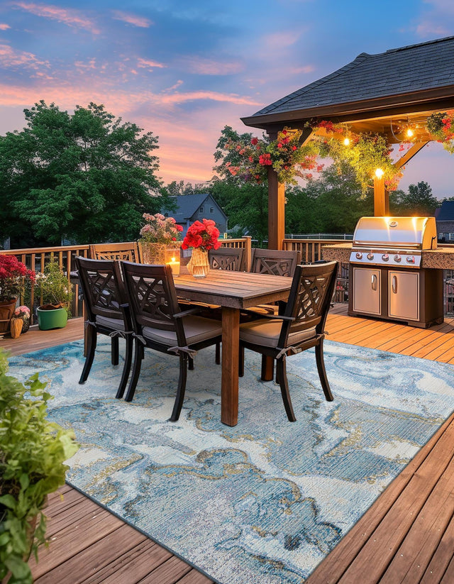 Blue and Ivory 10' x 10' Outdoor Modern Square Area Rug Weather Resistant for Patio, Deck, Terrace, Balcony, Porch 100% Polypropylene Modern Outside Carpet for Sale at Rug Engine