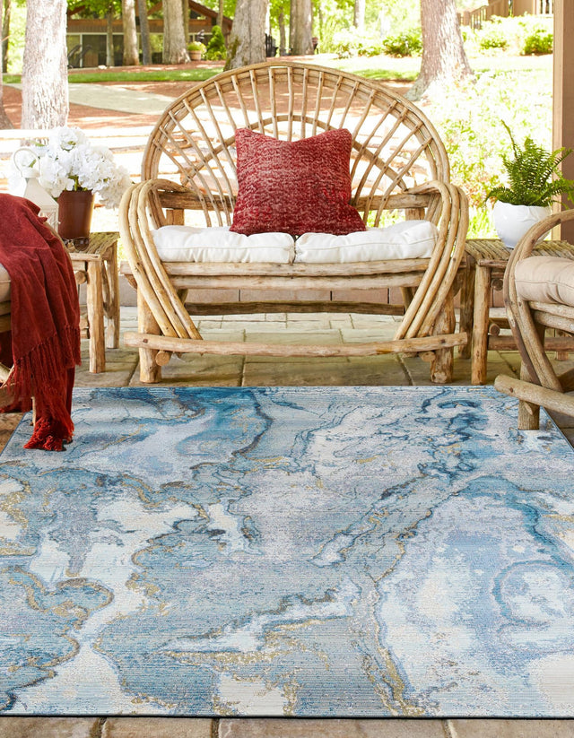 Blue and Ivory 7' 10 x 7' 10 Outdoor Modern Square Area Rug Weather Resistant for Patio, Deck, Terrace, Balcony, Porch 100% Polypropylene Modern Outside Carpet for Sale at Rug Engine