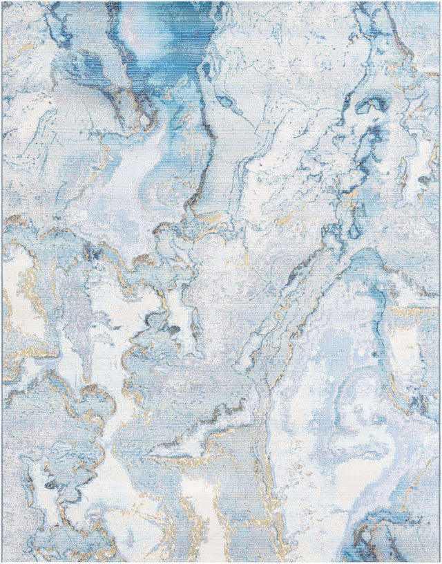 Blue and Ivory 7' 10 x 10' Outdoor Modern Rectangle Area Rug Weather Resistant for Patio, Deck, Terrace, Balcony, Porch 100% Polypropylene Modern Outside Carpet for Sale at Rug Engine
