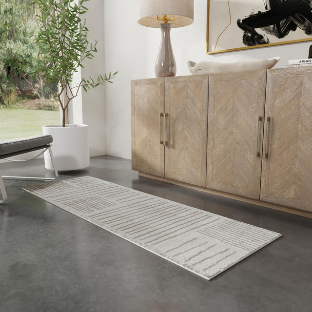 Ivory 2' 7 x 10' Hanahan Runner Area Rug 100% Polypropylene With Jute Backing Abstract Geometric Modern Carpet for Living, Dining Room, Office Space for Sale at Rug Engine