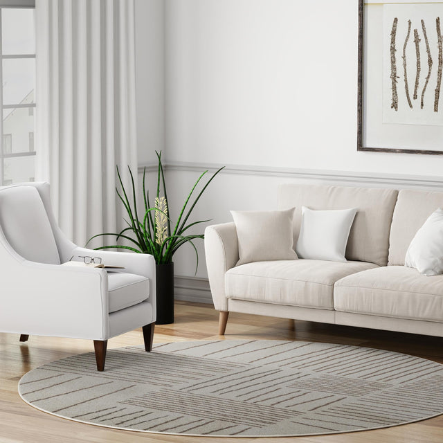 Ivory 5' 3 x 5' 3 Hanahan Round Area Rug 100% Polypropylene With Jute Backing Abstract Geometric Modern Carpet for Living, Dining Room, Office Space for Sale at Rug Engine