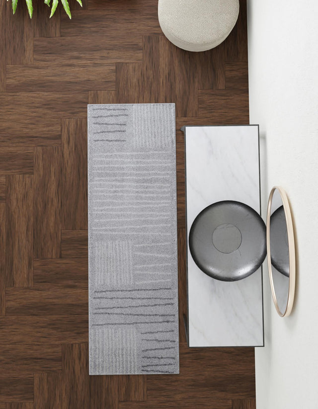 Gray 2' x 8' Hanahan Runner Area Rug 100% Polypropylene With Jute Backing Abstract Geometric Modern Carpet for Living, Dining Room, Office Space for Sale at Rug Engine