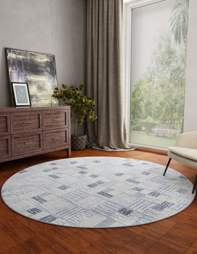 Light Blue 7' 10 x 7' 10 Hanahan Round Area Rug 100% Polypropylene With Jute Backing Abstract Geometric Modern Carpet for Living, Dining Room, Office Space for Sale at Rug Engine