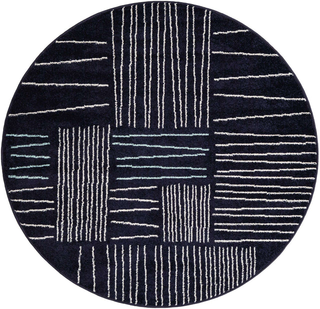 Navy Blue 5' 3 x 5' 3 Hanahan Round Area Rug 100% Polypropylene With Jute Backing Abstract Geometric Modern Carpet for Living, Dining Room, Office Space for Sale at Rug Engine