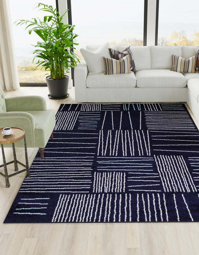 Navy Blue 5' 3 x 7' 1 Hanahan Rectangle Area Rug 100% Polypropylene With Jute Backing Abstract Geometric Modern Carpet for Living, Dining Room, Office Space for Sale at Rug Engine