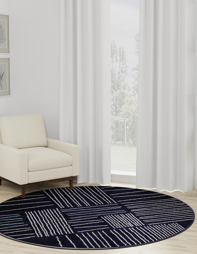 Navy Blue 5' 3 x 5' 3 Hanahan Round Area Rug 100% Polypropylene With Jute Backing Abstract Geometric Modern Carpet for Living, Dining Room, Office Space for Sale at Rug Engine