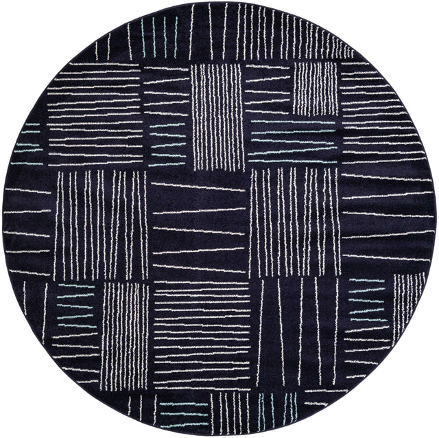 Navy Blue 7' 10 x 7' 10 Hanahan Round Area Rug 100% Polypropylene With Jute Backing Abstract Geometric Modern Carpet for Living, Dining Room, Office Space for Sale at Rug Engine