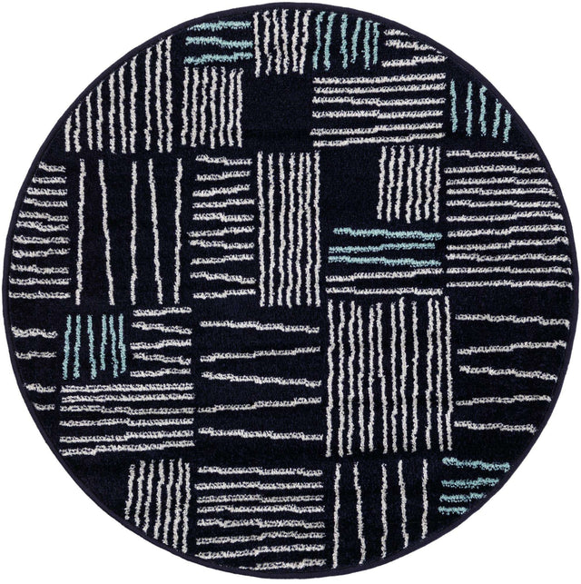 Navy Blue 3' 1 x 3' 1 Hanahan Round Area Rug 100% Polypropylene With Jute Backing Abstract Geometric Modern Carpet for Living, Dining Room, Office Space for Sale at Rug Engine