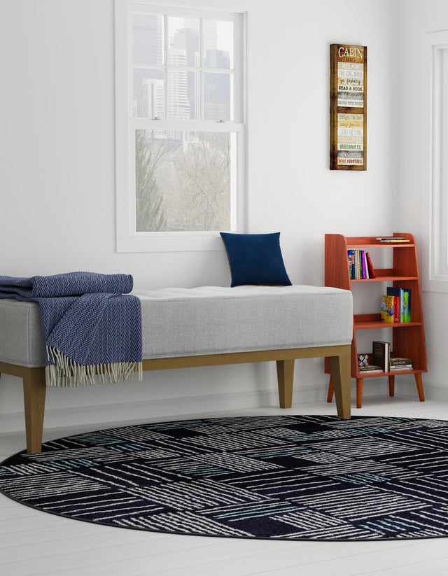 Navy Blue 5' 3 x 5' 3 Hanahan Round Area Rug 100% Polypropylene With Jute Backing Abstract Geometric Modern Carpet for Living, Dining Room, Office Space for Sale at Rug Engine