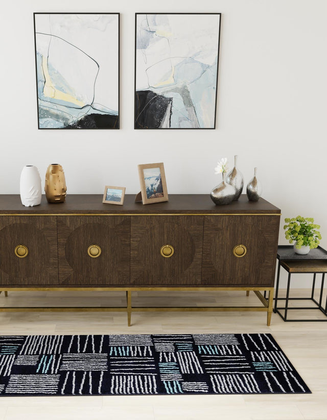 Navy Blue 2' 7 x 10' Hanahan Runner Area Rug 100% Polypropylene With Jute Backing Abstract Geometric Modern Carpet for Living, Dining Room, Office Space for Sale at Rug Engine