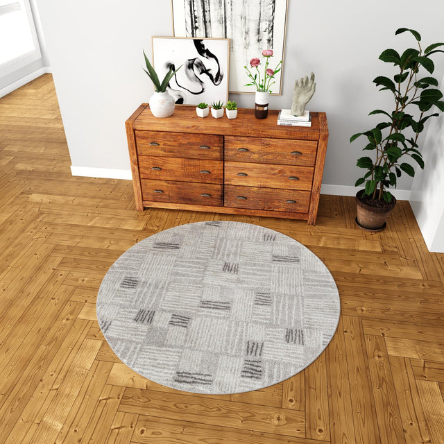 Gray 3' 1 x 3' 1 Hanahan Round Area Rug 100% Polypropylene With Jute Backing Abstract Geometric Modern Carpet for Living, Dining Room, Office Space for Sale at Rug Engine
