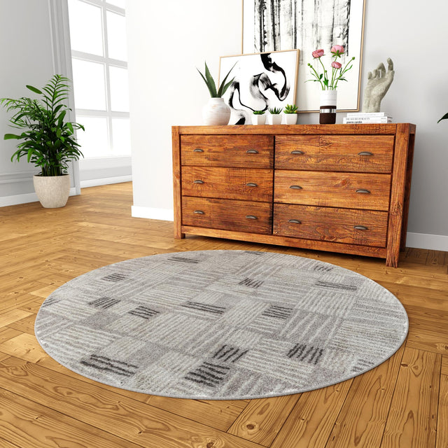 Gray 3' 1 x 3' 1 Hanahan Round Area Rug 100% Polypropylene With Jute Backing Abstract Geometric Modern Carpet for Living, Dining Room, Office Space for Sale at Rug Engine