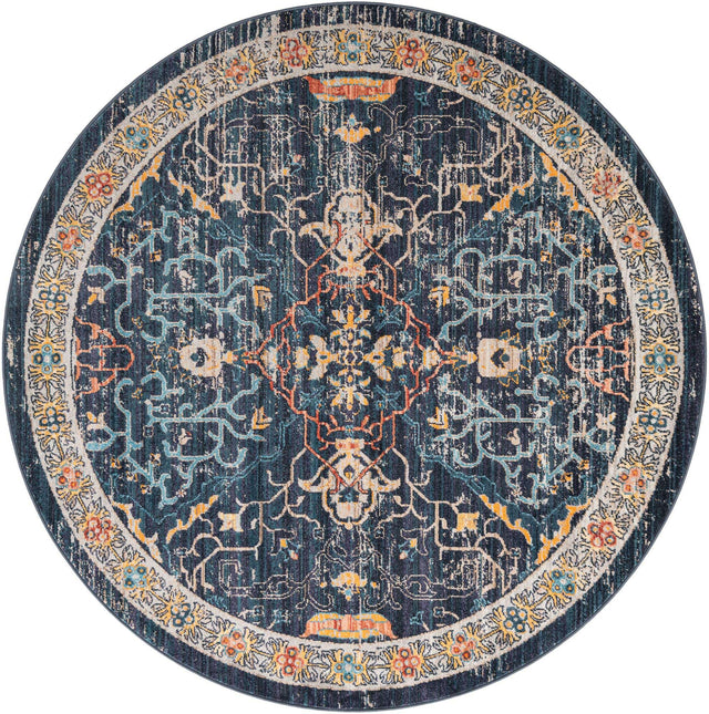 Navy Blue 6' 1 x 6' 1 Lola Round Area Rug Polypropylene With Jute Backing Traditional Pattern Easy Clean Carpet for Home Interior Design for Sale at Rug Engine