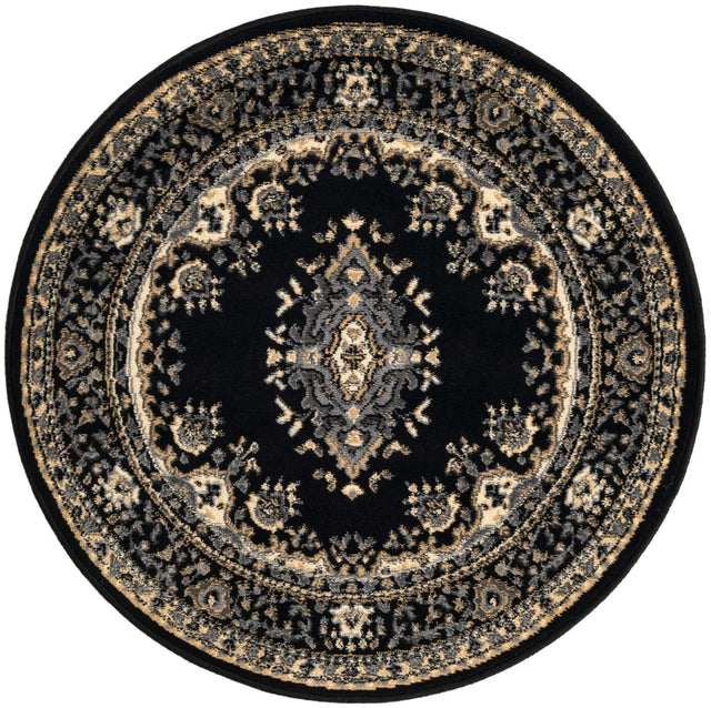 Black 3' 1 x 3' 1 Reza Round Area Rug 100% Polypropylene Easy Clean Traditional Motif Classic Carpet for Home Interiors for Sale at Rug Engine